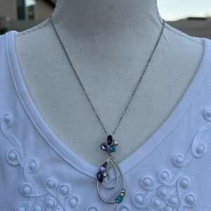 Elegant Silver toned Necklace with Purple and Blue Accents